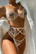 Floral lingerie set with garter belt and thong, close-up front view