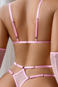 Back view of pink butterfly lingerie set with mesh gloves