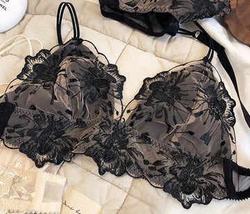 Sheer black floral embroidered lace bralette