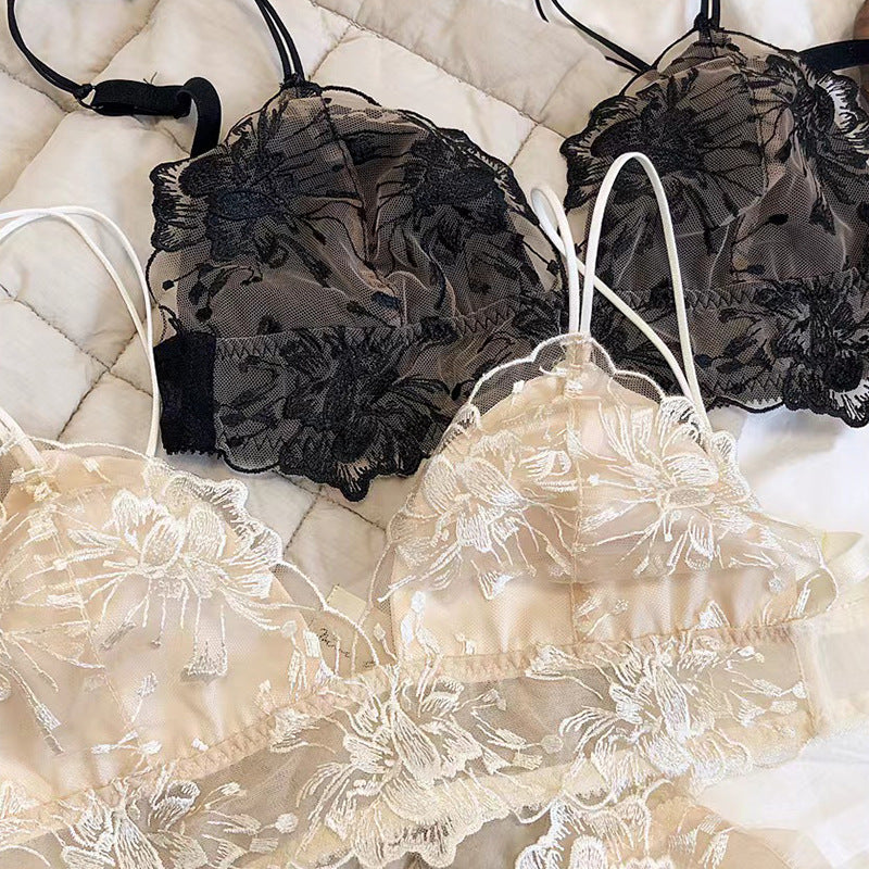 Floral embroidered sheer lingerie set in black and ivory