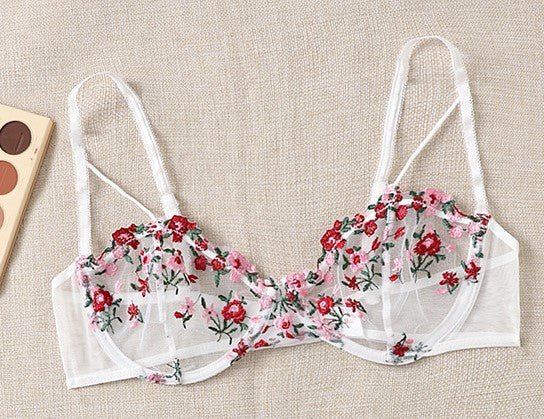 Floral embroidered sheer mesh bra with pink flowers