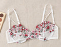 White lace bra with red and pink floral embroidery