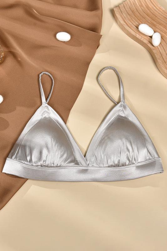 Silver satin bralette with soft fabric cups