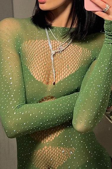 Green mesh bodysuit with crystal detailing and cutout design