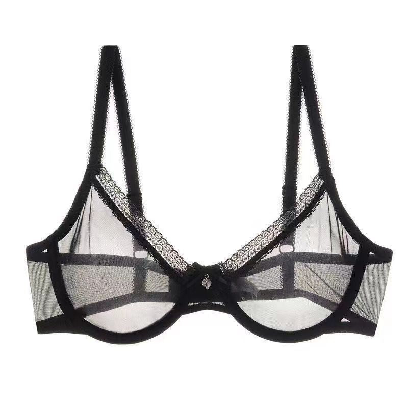 Sheer black mesh bra with lace trim