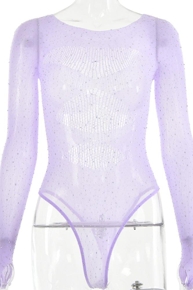 Lavender sheer bodysuit with crystal accents and long sleeve fit