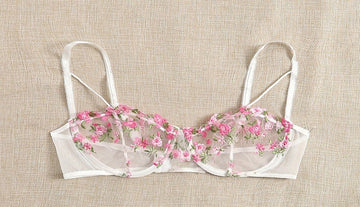 Floral embroidered sheer mesh bra with pink flowers